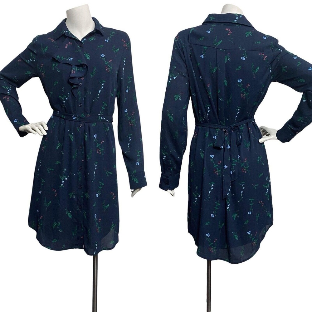Banana Republic Women's Sz 6 Blue Botanical Chiffon Shirt Dress Tie Belt Ruffle
